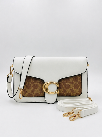 Coach Classic White & Tan Leatherette C-Hardware Shoulder Bag