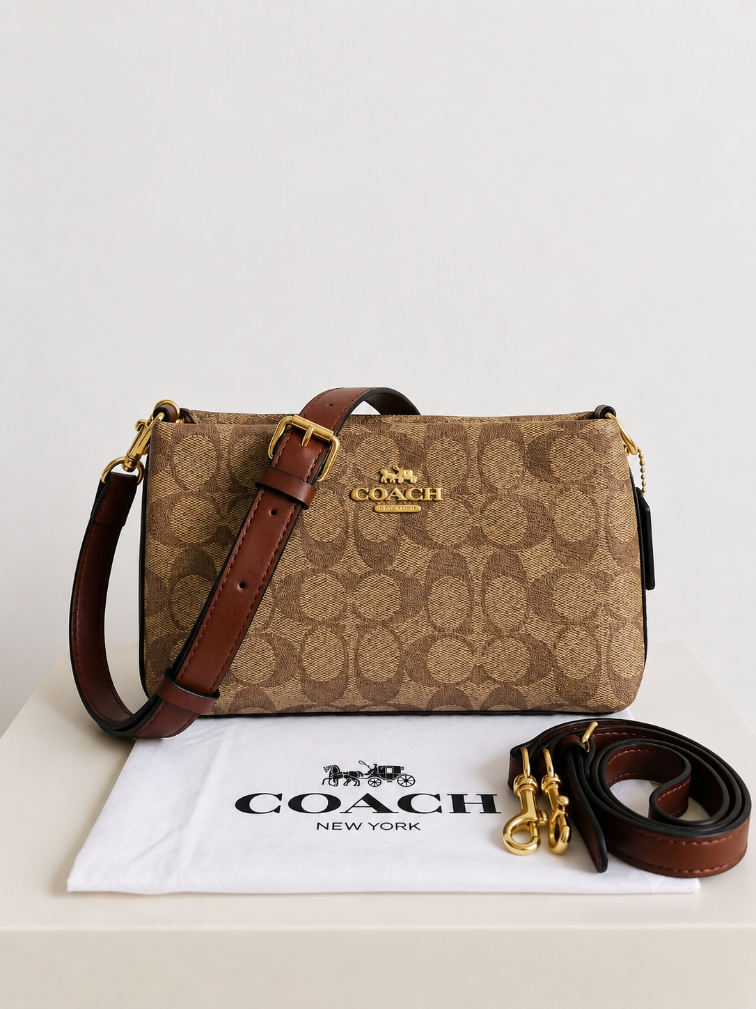 Signature Tan / Mahogany Brown Coach Multi-Strap Crossbody Bag