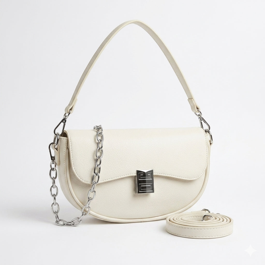 Ivory Crescent Shoulder Bag – Minimalist Chain Accent Handbag