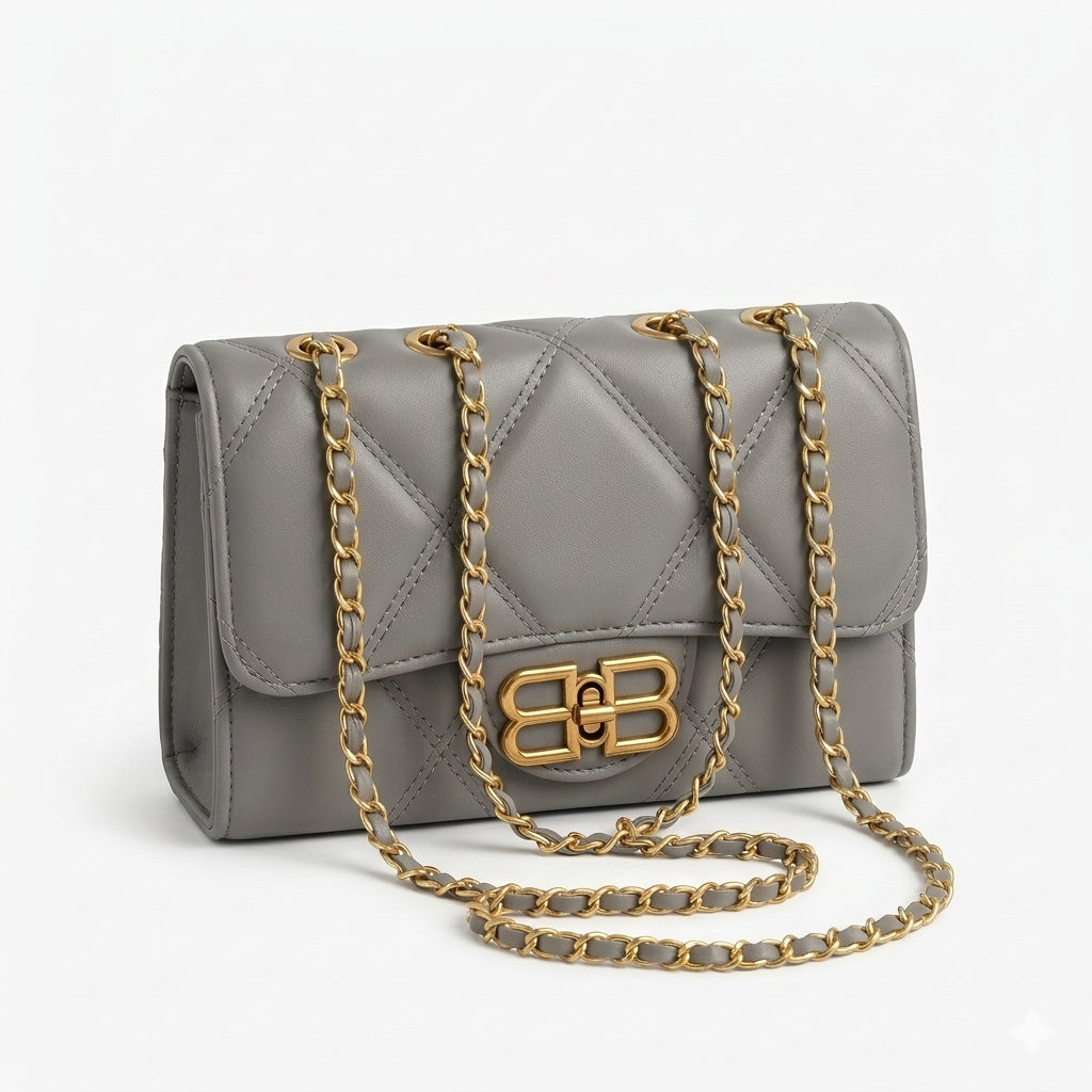 Grey Quilted Chain Crossbody Bag – Luxury Inspired Shoulder Purse