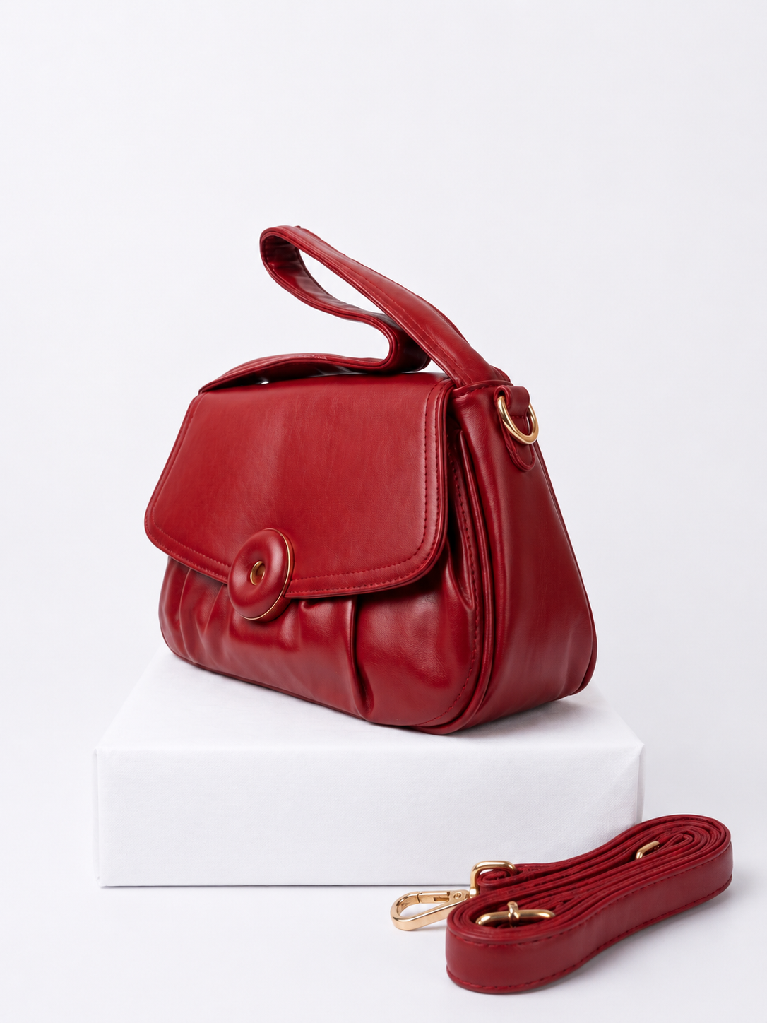Ruched Red Leather Crossbody Bag