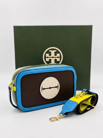 Tory Burch Multi-Color Leather Crossbody Bag with Canvas Strap & Gift Box