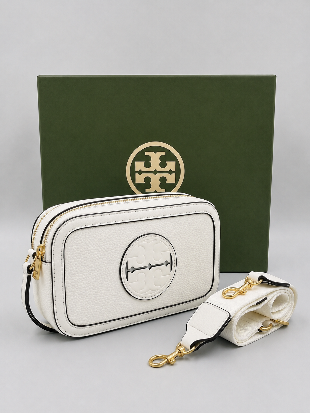 Tory Burch White Leather Crossbody Bag with Matching Strap & Gift Box