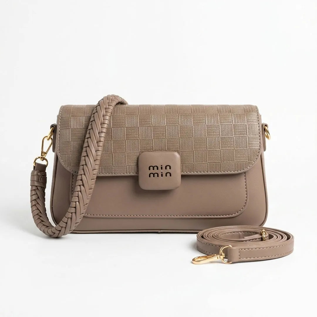 Elegant Woven Strap Flap Crossbody Bag – Taupe