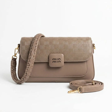 Elegant Woven Strap Flap Crossbody Bag – Taupe