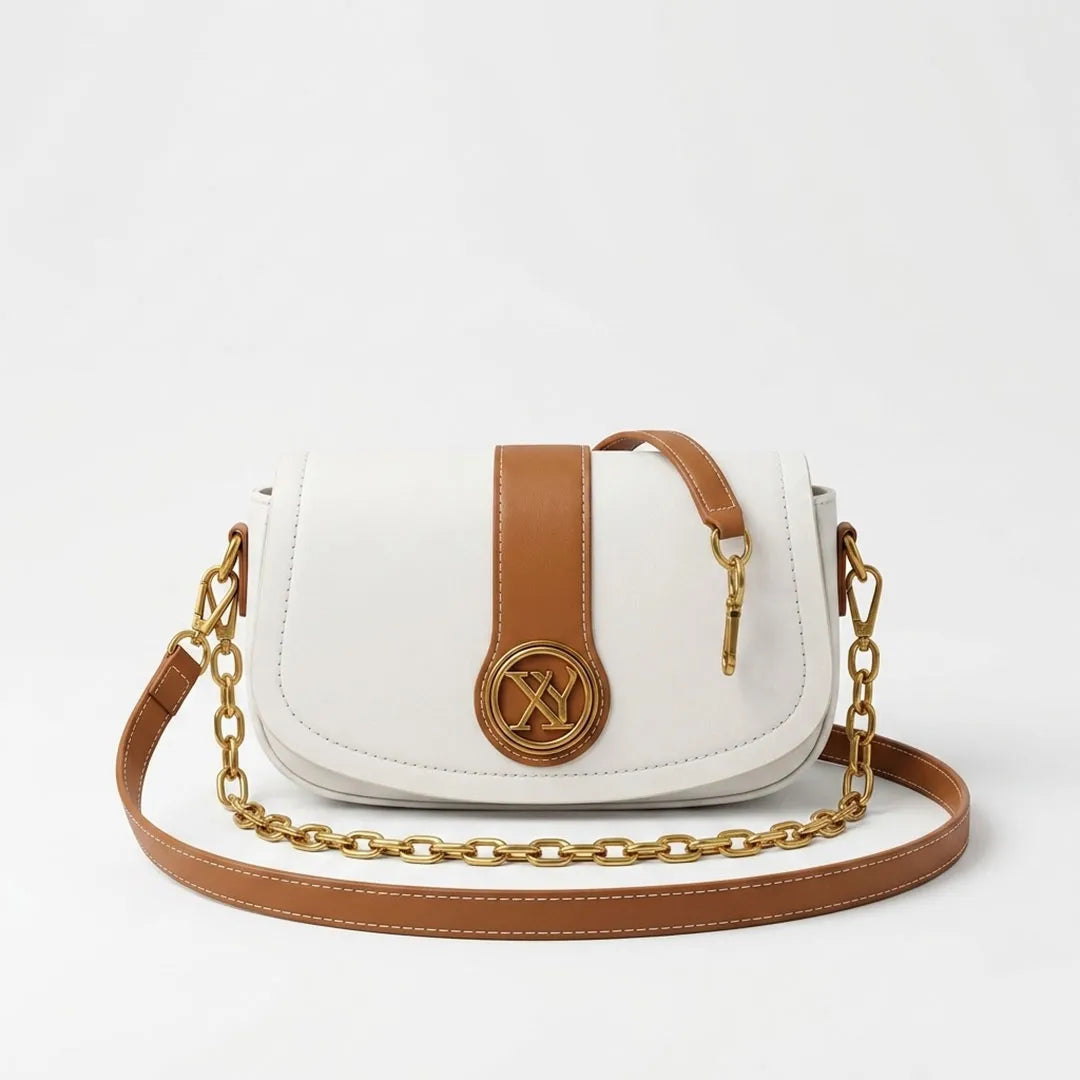 Chic Chain Accent Saddle Crossbody Bag – White & Tan