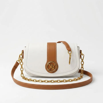 Chic Chain Accent Saddle Crossbody Bag – White & Tan