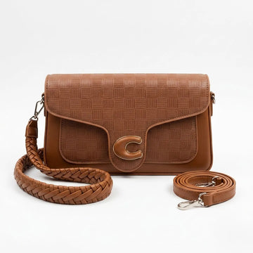 Textured Check Pattern Flap Crossbody Bag – Cognac Brown
