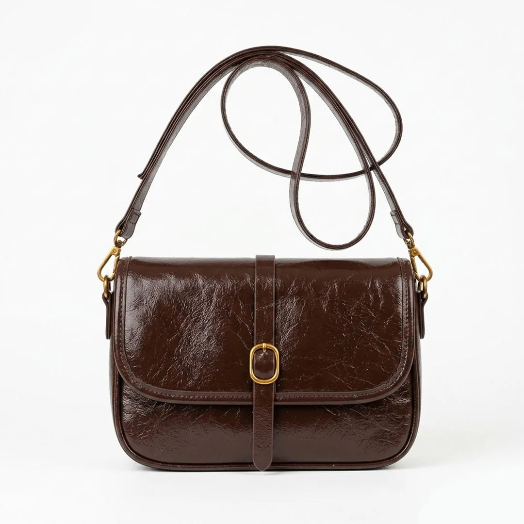 Vintage Glossy Leather Crossbody Bag – Retro Shoulder Purse with Buckle Detail