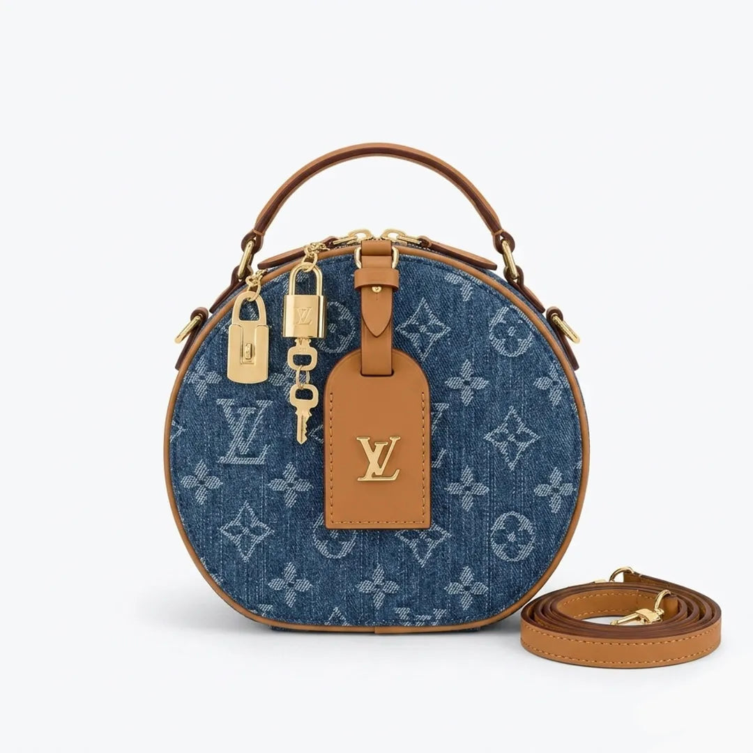 Round Denim LV Monogram Crossbody Bag – Fashion Circle Handbag with Top Handle