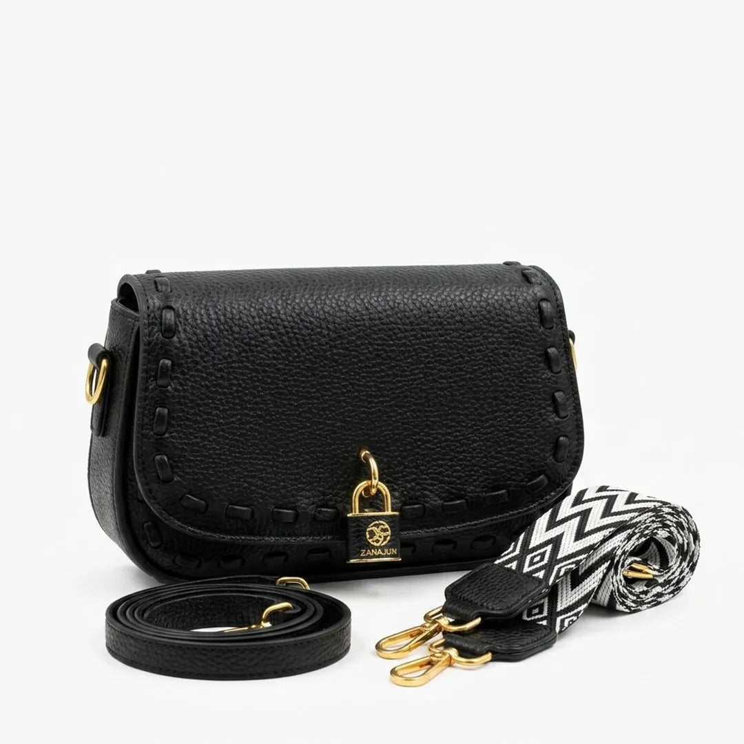 Black Saddle Crossbody Bag – Textured Leather Style Purse with Wide Strap