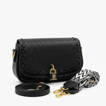 Black Saddle Crossbody Bag – Textured Leather Style Purse with Wide Strap