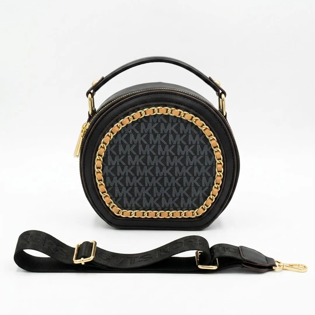 MK Round Monogram Crossbody Bag – Black Fashion Shoulder Purse with Chain Detail