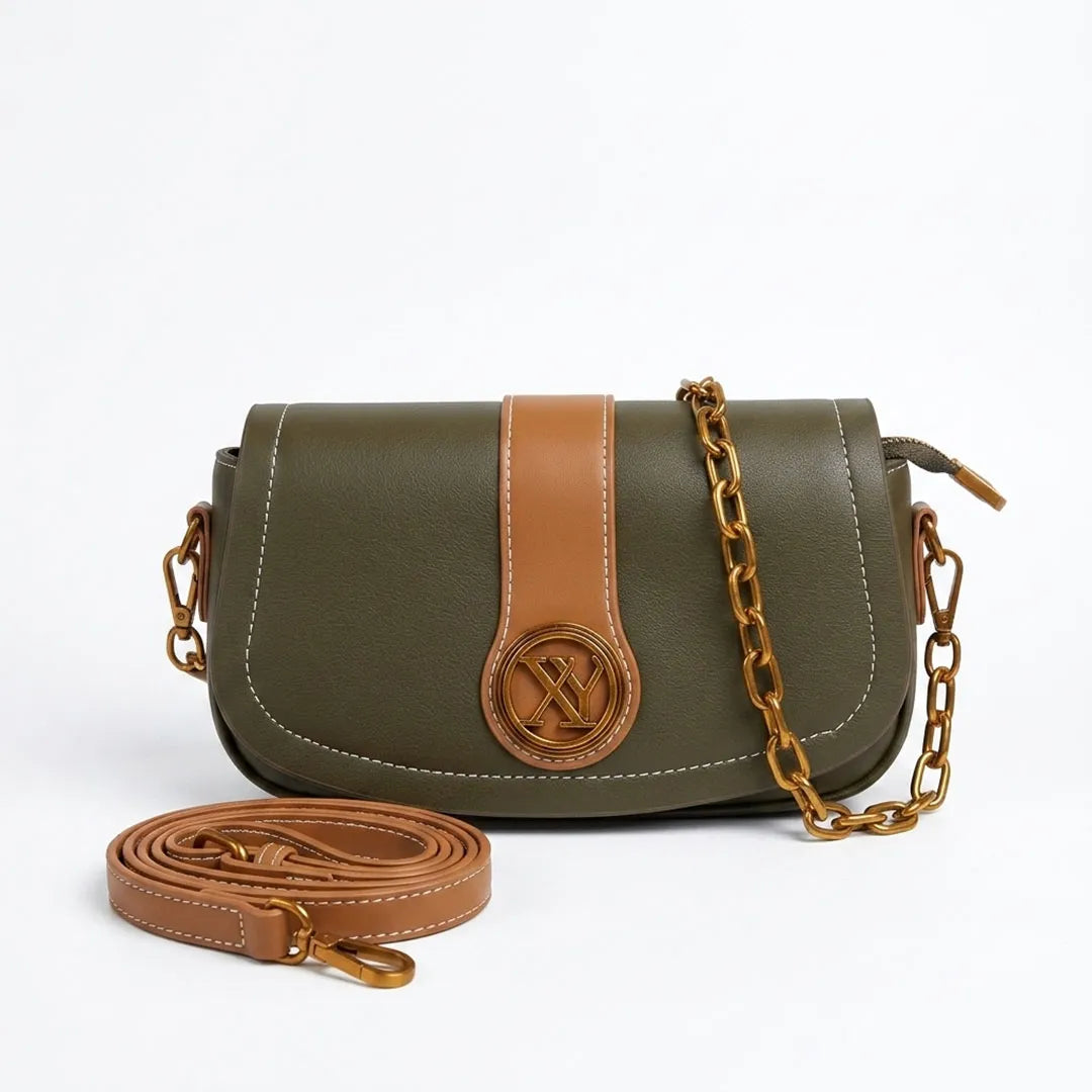Olive Chain Accent Saddle Bag – Elegant Fashion Crossbody Purse
