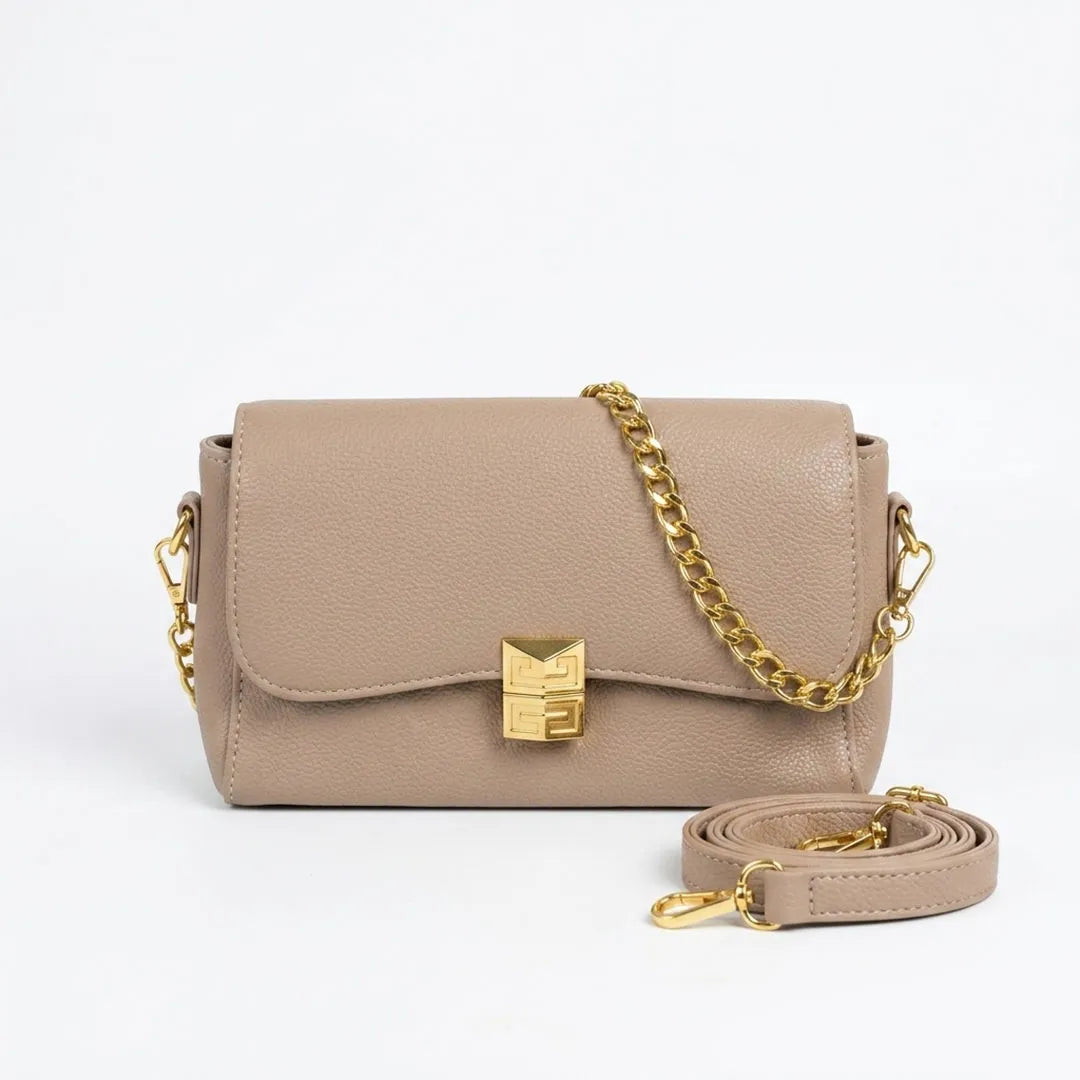 Beige Chain Accent Crossbody Bag – Elegant Flap Purse with Gold Hardware