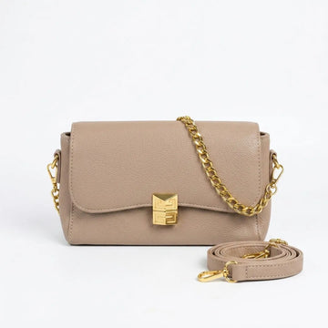 Beige Chain Accent Crossbody Bag – Elegant Flap Purse with Gold Hardware