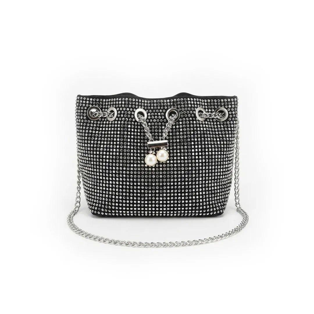 Silver Crystal-Studded Drawstring Bucket Bag