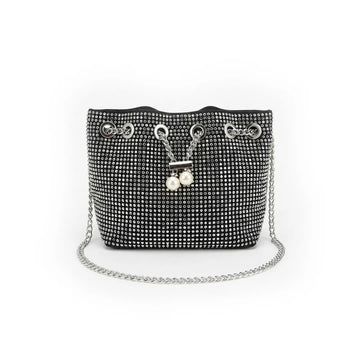 Silver Crystal-Studded Drawstring Bucket Bag