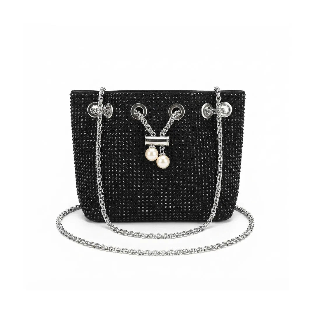 Black Rhinestone Pearl-Charm Shoulder Bag