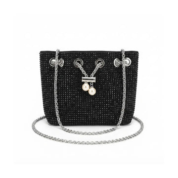 Black Rhinestone Pearl-Charm Shoulder Bag