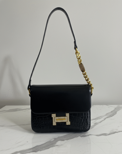 White Croc-Embossed Shoulder Bag with Crystal “H” Buckle