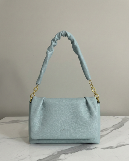 Light Blue Leather Top-Handle Bag with Twisted Handle and Gold Hardware