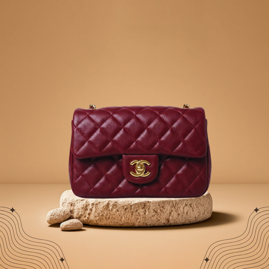 10 Burgundy Quilted Flap Bag with Gold Accent - Image 1