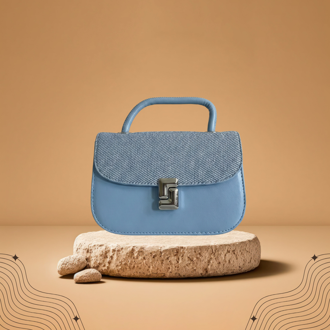 Chic Light Blue Leather Box Bag with Grey Canvas Top Chic Light Blue Leather Box Bag with Grey Canvas Top - Image 1