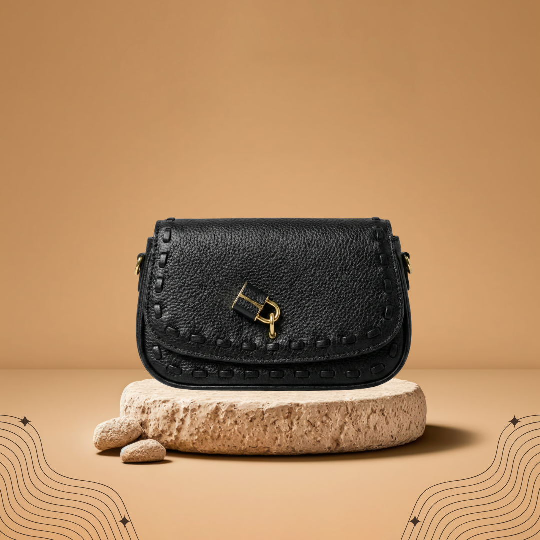 3 Black Leather Style with Stitched Detailing and Gold Clasp - Image 1